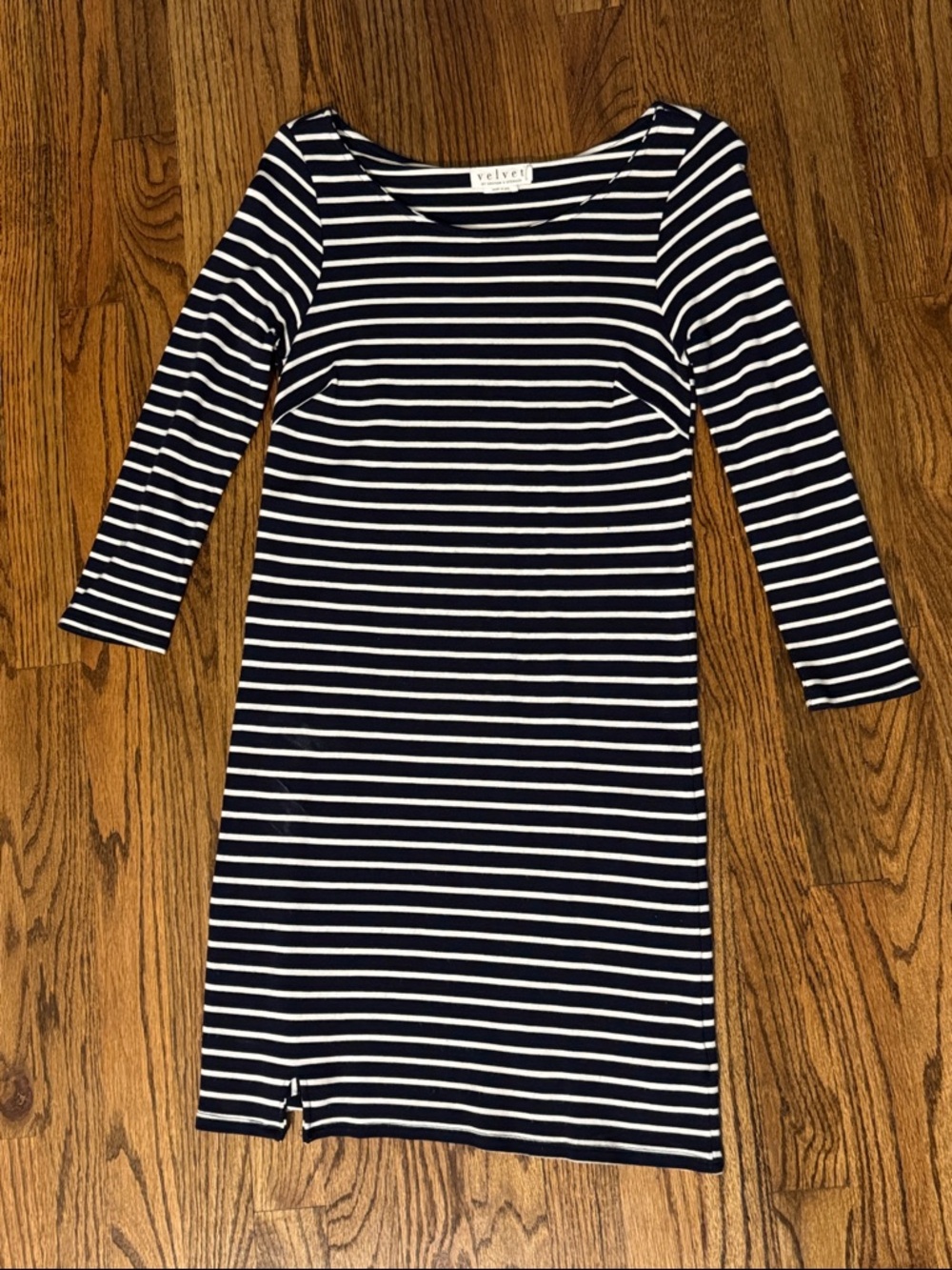 Velvet by Graham & Spencer Dress Striped Navy White 3/4 Sleeve Casual XS Petite